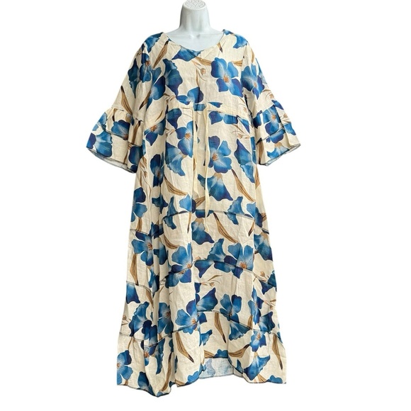LUISA PERLA Italy Blue Linen Floral Maxi Dress 3/4 Bell Sleeve Size M Beach - Picture 1 of 4